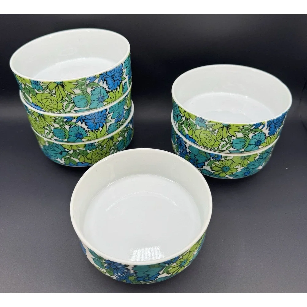 Vintage Holt Howard 1966 Set 6 Floral Pedestal Bowls Blue Green Mod MCM Flower